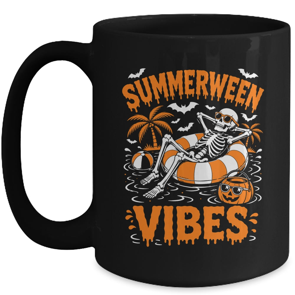 Summerween Vibes Skeleton Floating Pool Pumpkin Halloween Mug | teecentury