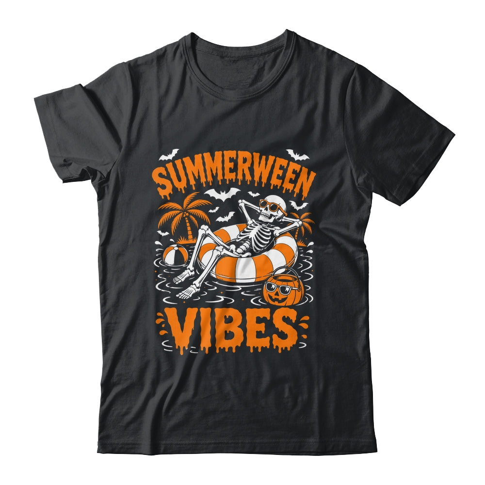 Summerween Vibes Skeleton Floating Pool Pumpkin Halloween Shirt & Tank Top | teecentury