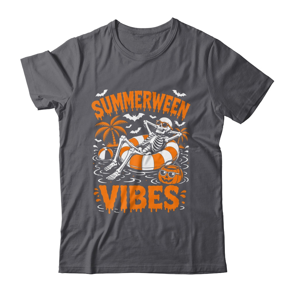 Summerween Vibes Skeleton Floating Pool Pumpkin Halloween Shirt & Tank Top | teecentury