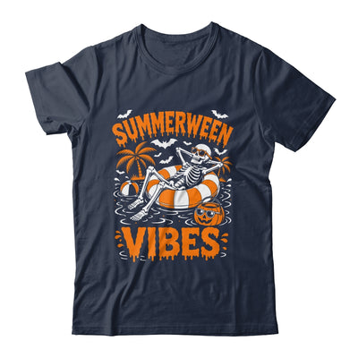 Summerween Vibes Skeleton Floating Pool Pumpkin Halloween Shirt & Tank Top | teecentury