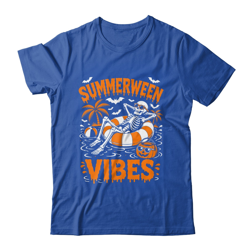 Summerween Vibes Skeleton Floating Pool Pumpkin Halloween Shirt & Tank Top | teecentury