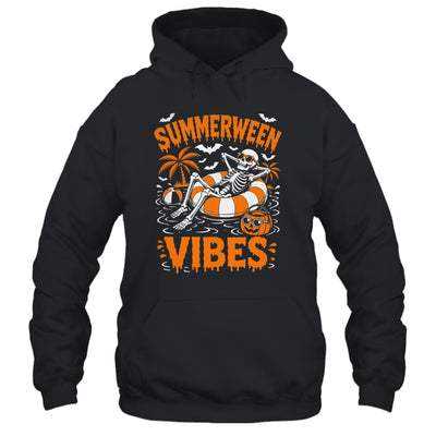 Summerween Vibes Skeleton Floating Pool Pumpkin Halloween Shirt & Tank Top | teecentury