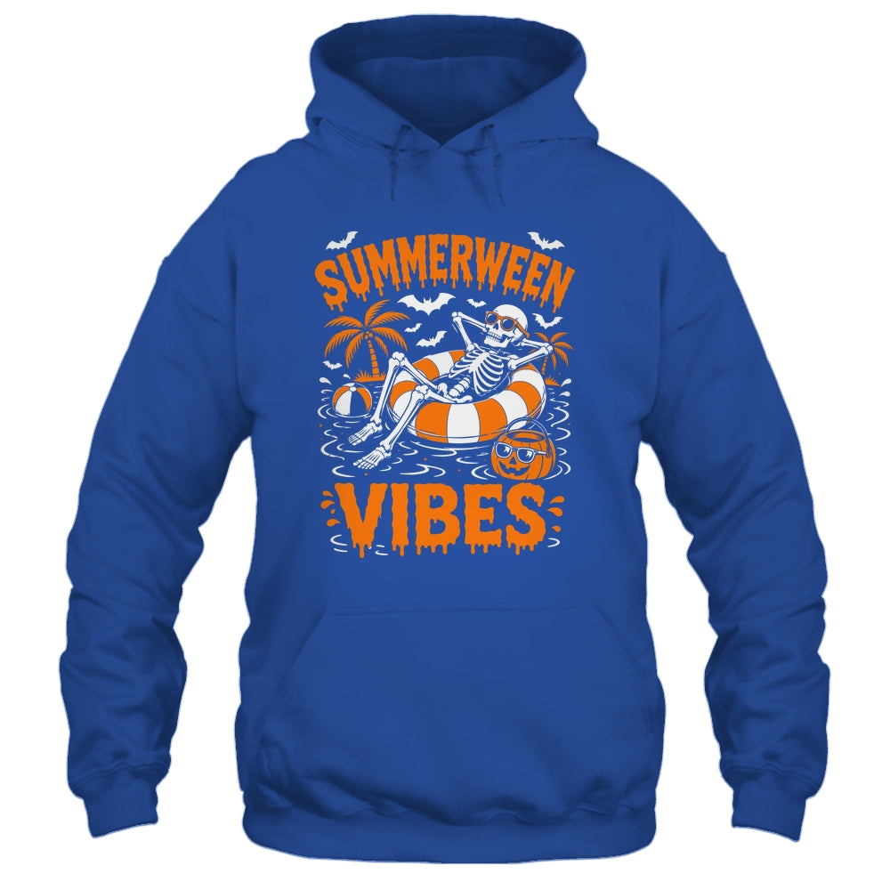 Summerween Vibes Skeleton Floating Pool Pumpkin Halloween Shirt & Tank Top | teecentury