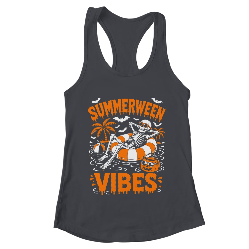 Summerween Vibes Skeleton Floating Pool Pumpkin Halloween Shirt & Tank Top | teecentury