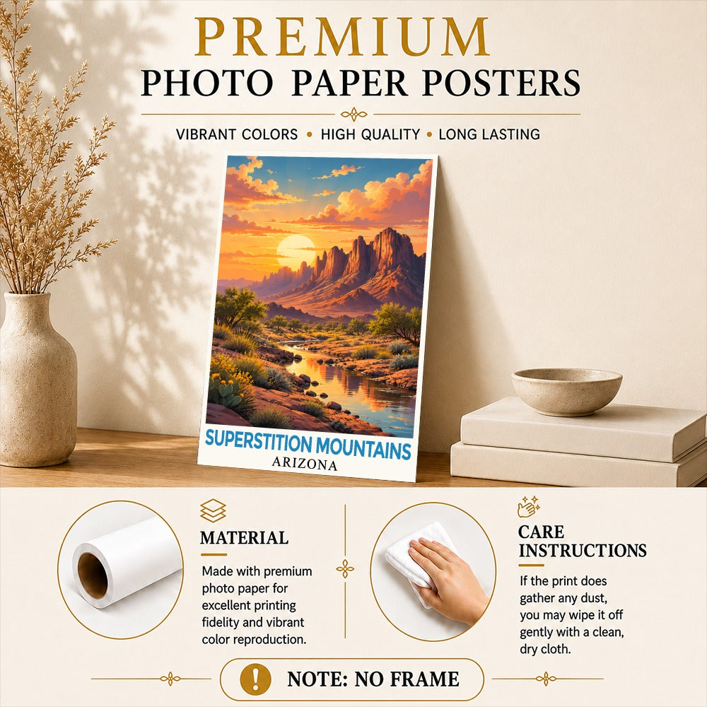 Superstition Mountains Arizona Sunset Vintage Travel Poster Desert Red Rock Canyon River Wall Art Print Southwest Landscape Painting For Living Room Office Gift Unframed | teecentury