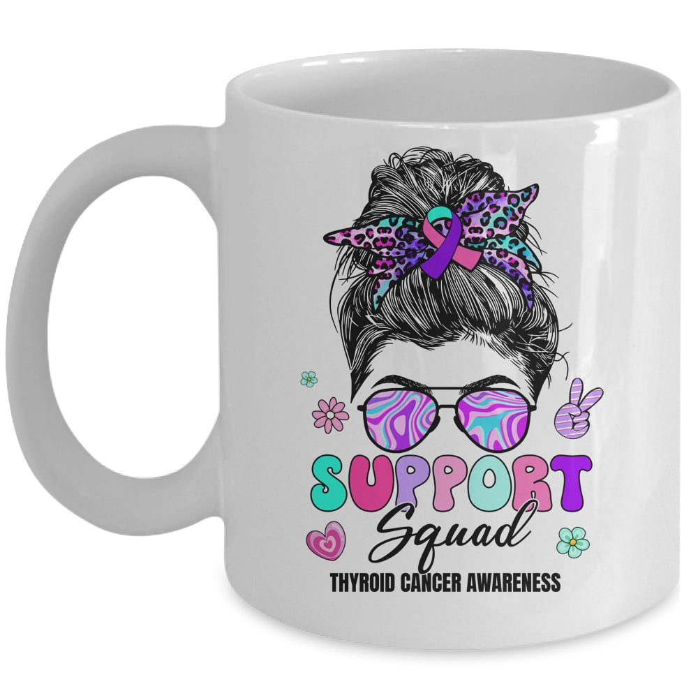 Support Squad Messy Bun Thyroid Cancer Awareness Groovy Mug | teecentury