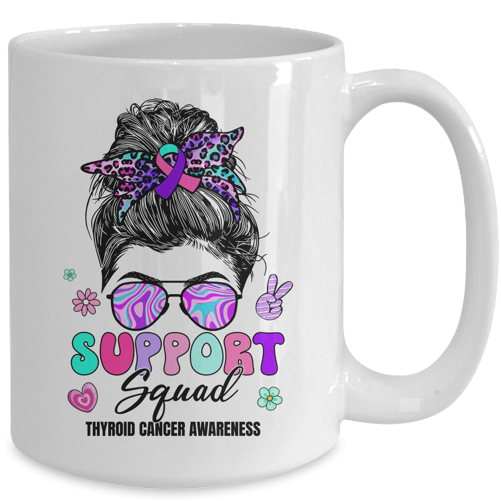 Support Squad Messy Bun Thyroid Cancer Awareness Groovy Mug | teecentury