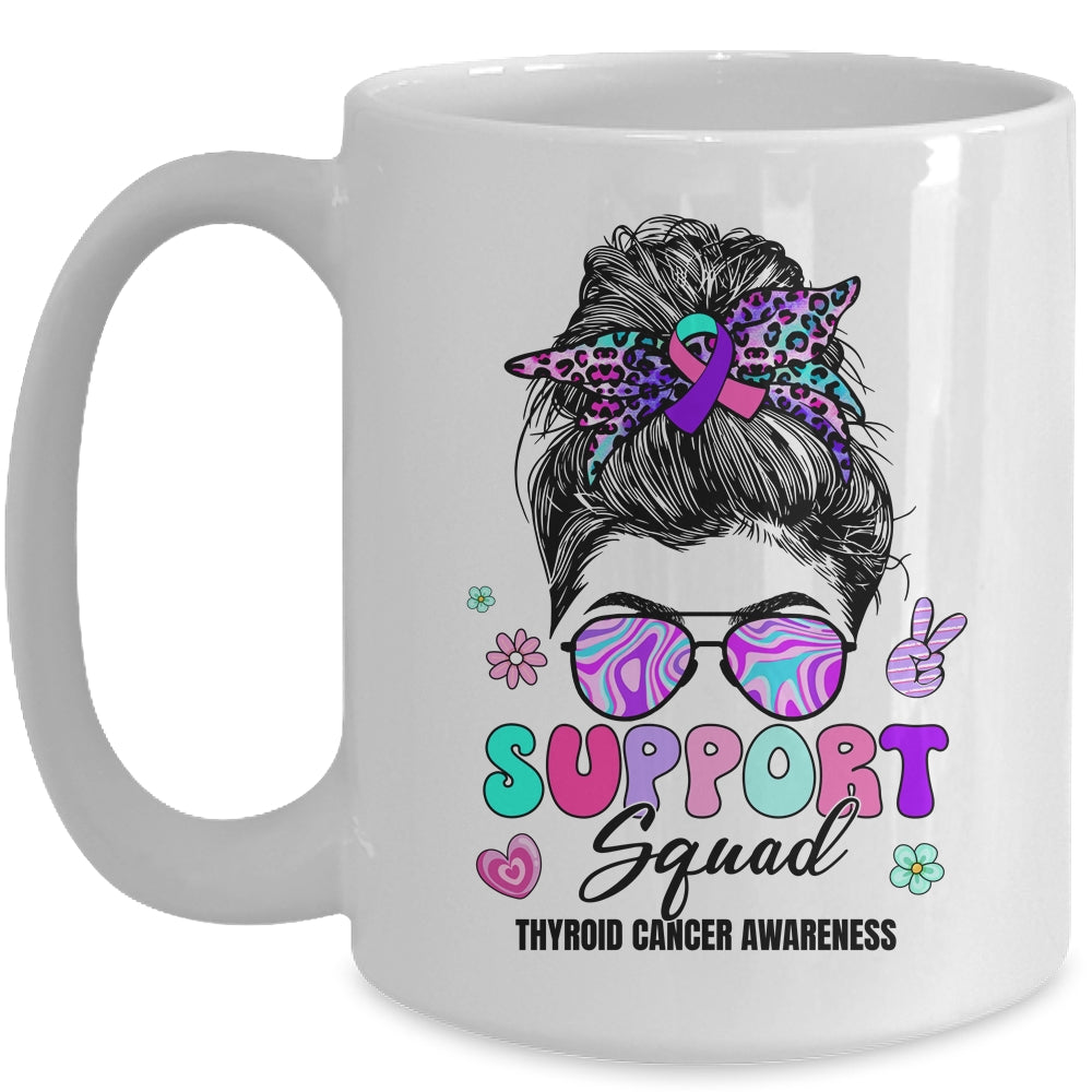 Support Squad Messy Bun Thyroid Cancer Awareness Groovy Mug | teecentury
