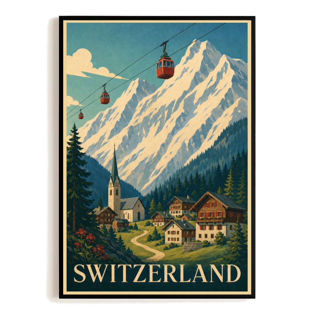 Switzerland Alps Ski Gondola Vintage Travel Poster Winter Mountain Landscape Wall Art Print Painting Picture For Home Living Room Office Bedroom Kitchen Decor Unframed | teecentury