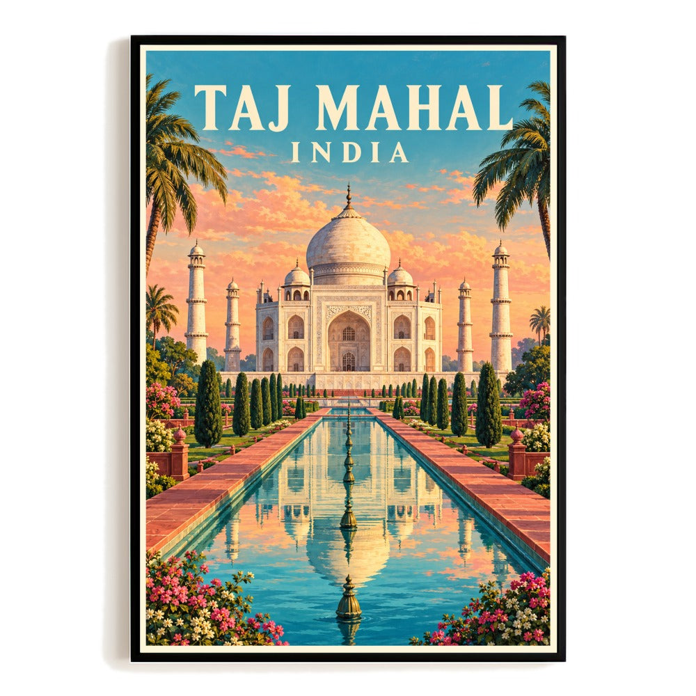 Taj Mahal India Reflection Pool Travel Poster Vintage Mughal Architecture Wall Art Print Painting Iconic Landmark Romantic Decor For Home Living Room Bedroom Unframed | teecentury