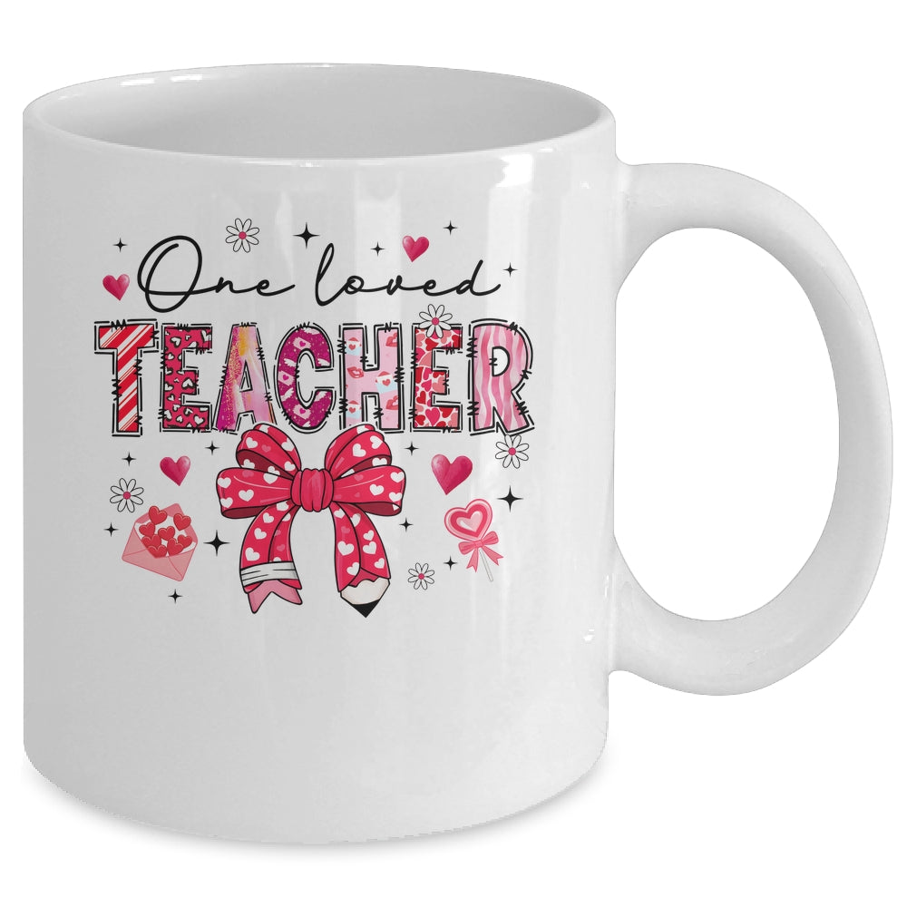 Teacher Valentine's Day One Loved Teacher Coquette Bow Retro Mug | teecentury