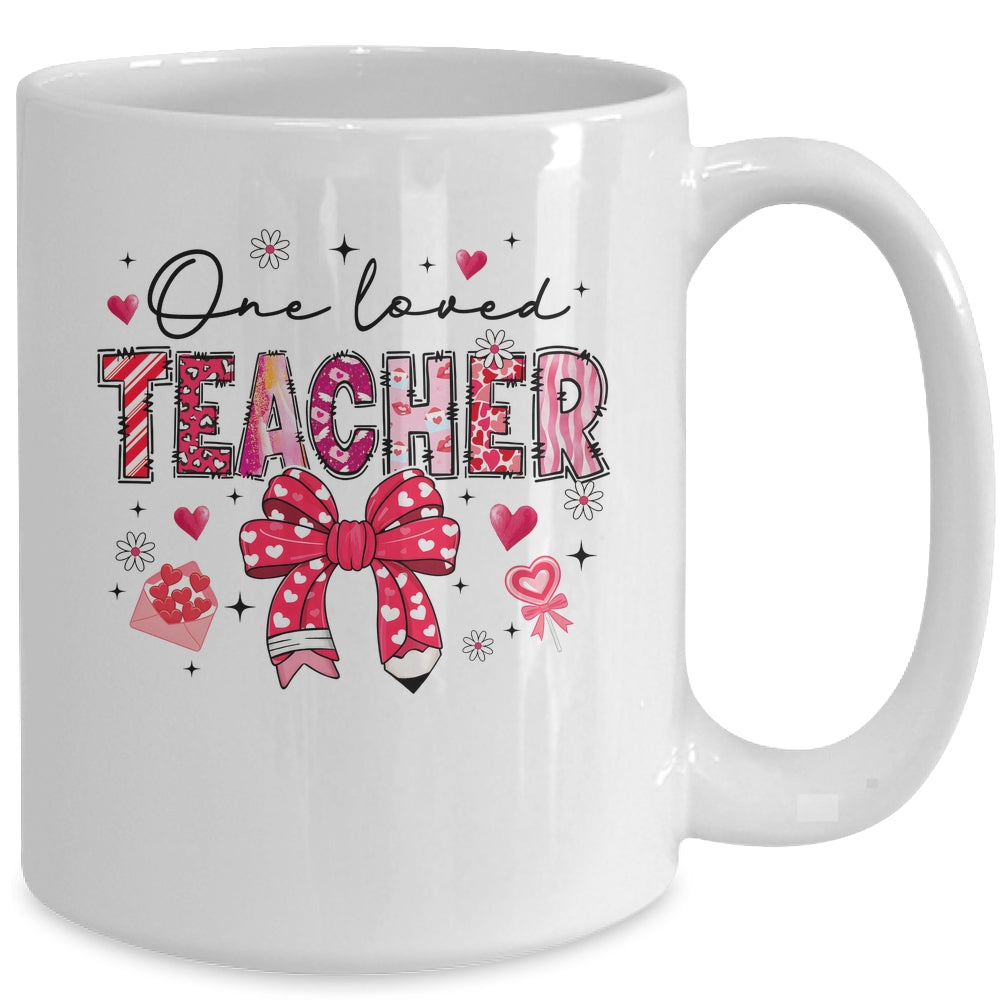 Teacher Valentine's Day One Loved Teacher Coquette Bow Retro Mug | teecentury