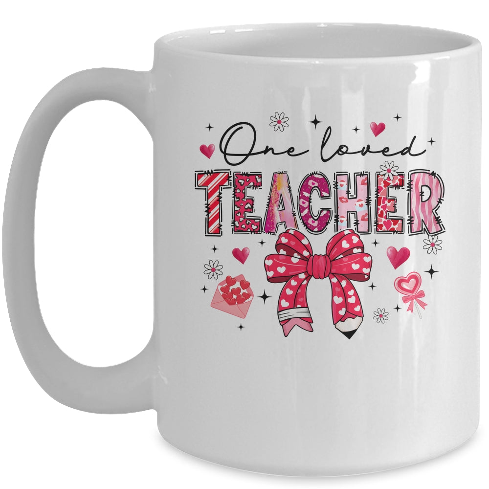 Teacher Valentine's Day One Loved Teacher Coquette Bow Retro Mug | teecentury