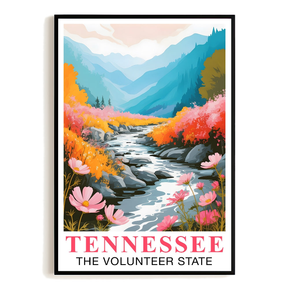Tennessee Print Travel Poster Nature River Floral Volunteer State Mountains Souvenir Wall Art Landscape Picture For Home Room Living Room Bedroom Decor Unframed | teecentury