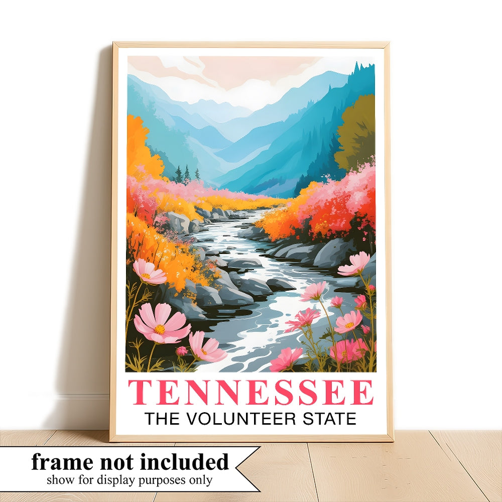 Tennessee Print Travel Poster Nature River Floral Volunteer State Mountains Souvenir Wall Art Landscape Picture For Home Room Living Room Bedroom Decor Unframed | teecentury