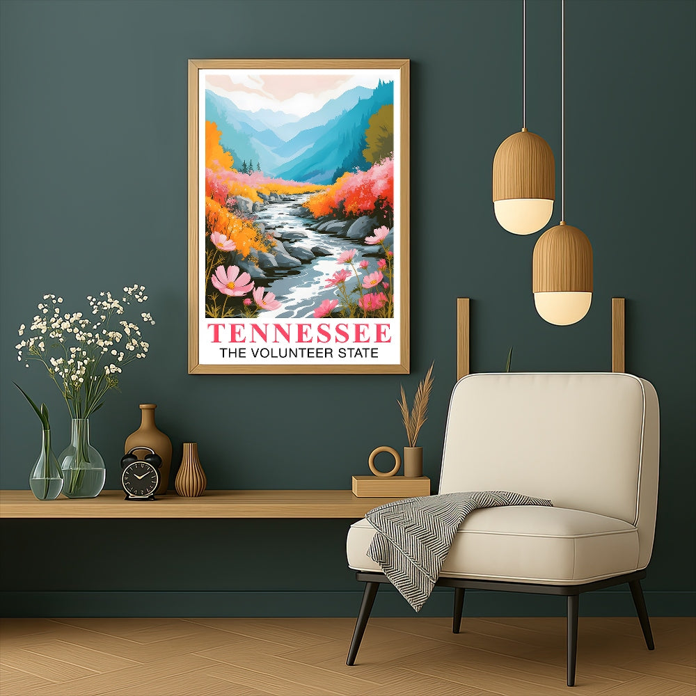 Tennessee Print Travel Poster Nature River Floral Volunteer State Mountains Souvenir Wall Art Landscape Picture For Home Room Living Room Bedroom Decor Unframed | teecentury