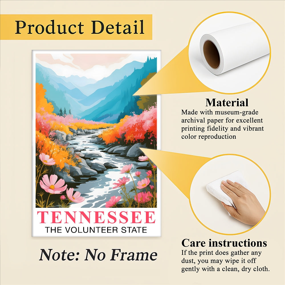 Tennessee Print Travel Poster Nature River Floral Volunteer State Mountains Souvenir Wall Art Landscape Picture For Home Room Living Room Bedroom Decor Unframed | teecentury