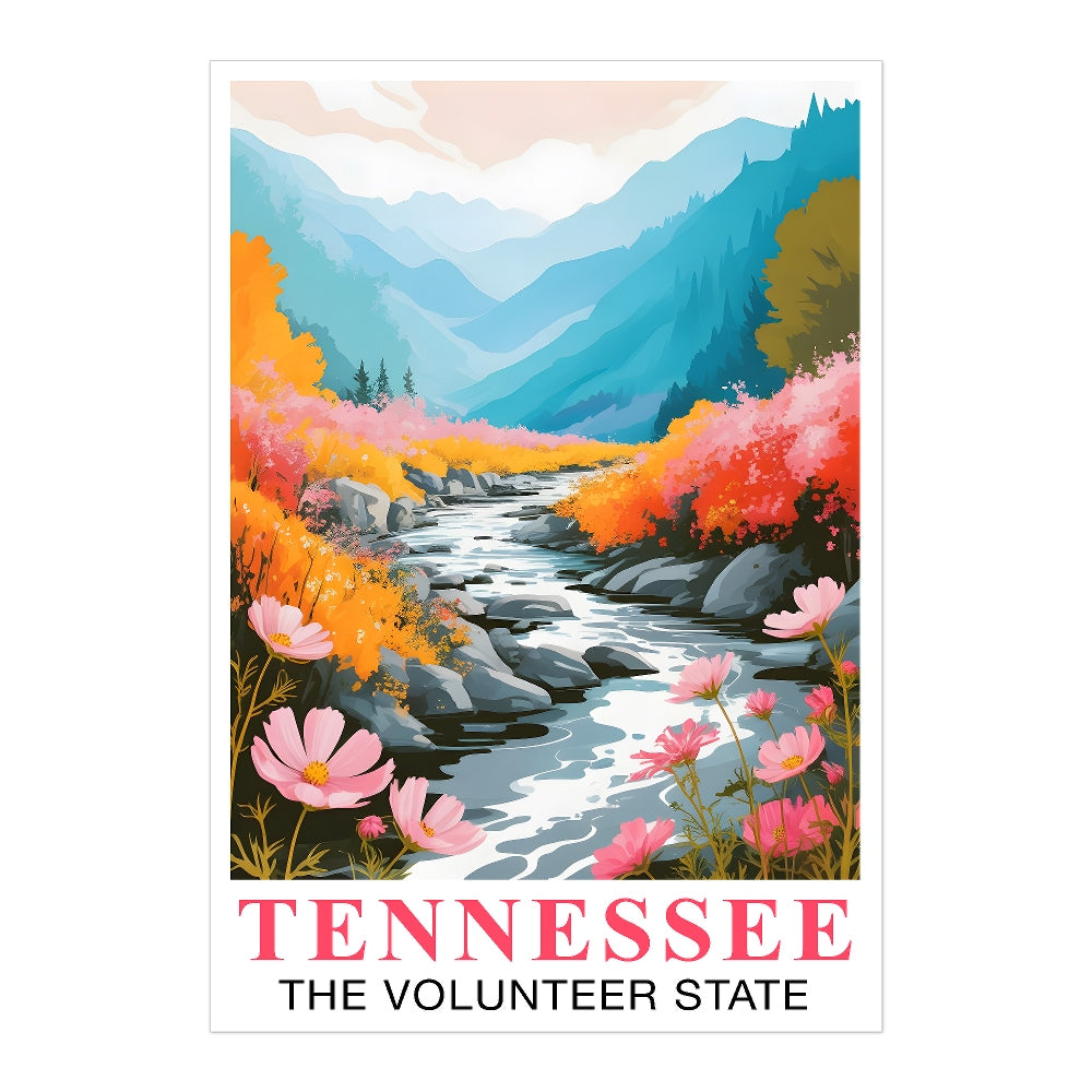 Tennessee Print Travel Poster Nature River Floral Volunteer State Mountains Souvenir Wall Art Landscape Picture For Home Room Living Room Bedroom Decor Unframed | teecentury