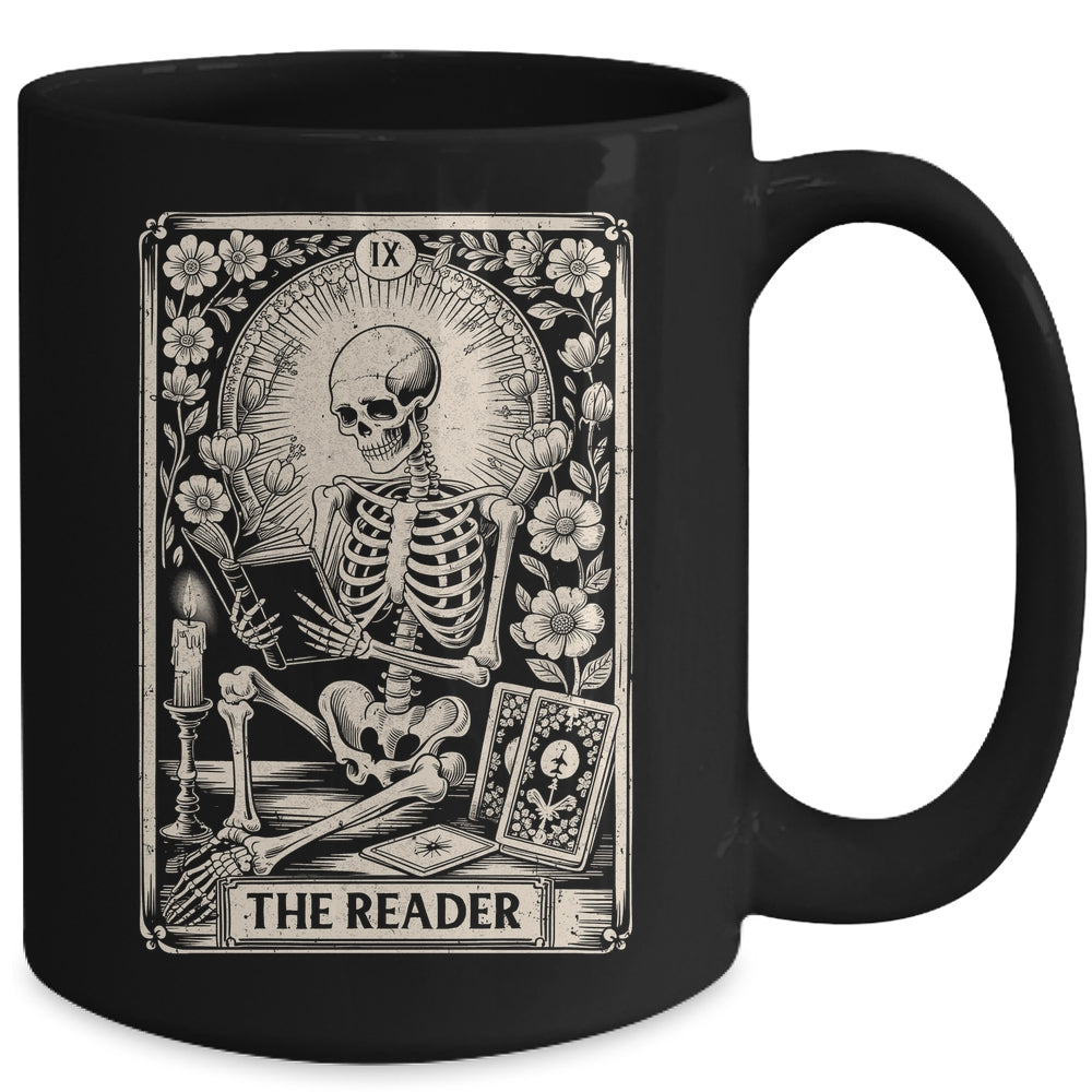 The Reader Tarot Card Funny Book Lover Skeleton Reading Book Mug | teecentury