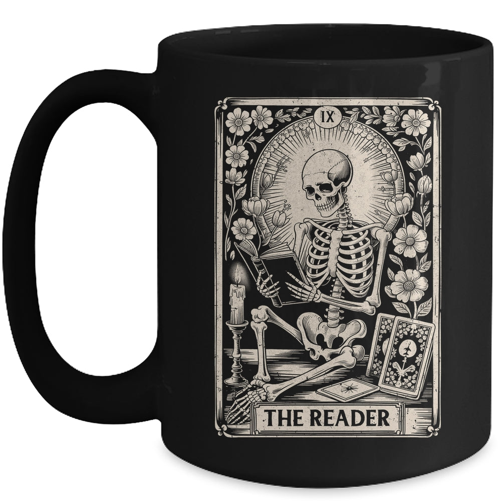 The Reader Tarot Card Funny Book Lover Skeleton Reading Book Mug | teecentury