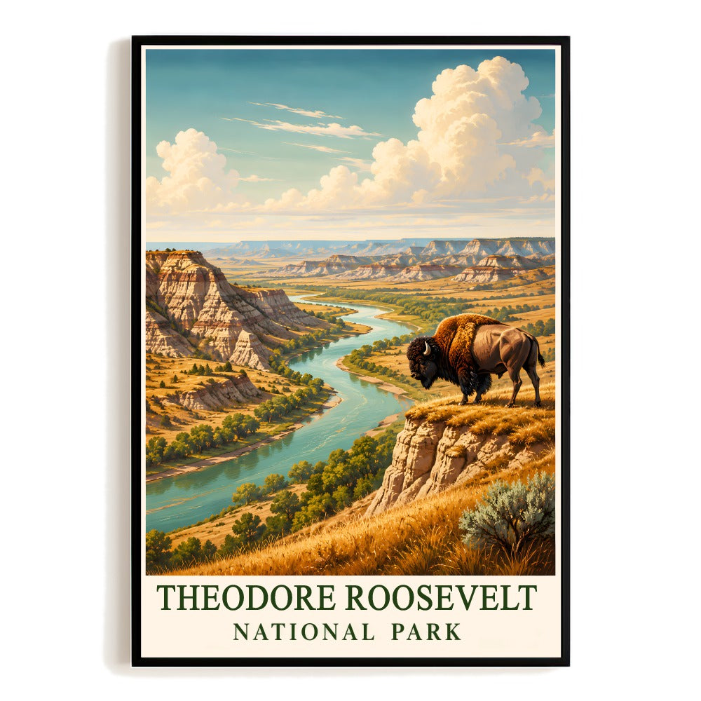 Theodore Roosevelt National Park Travel Poster Vintage Badlands Bison Landscape Art Print North Dakota Nature Adventure Souvenir Painting Ideal For Home Decor Unframed | teecentury
