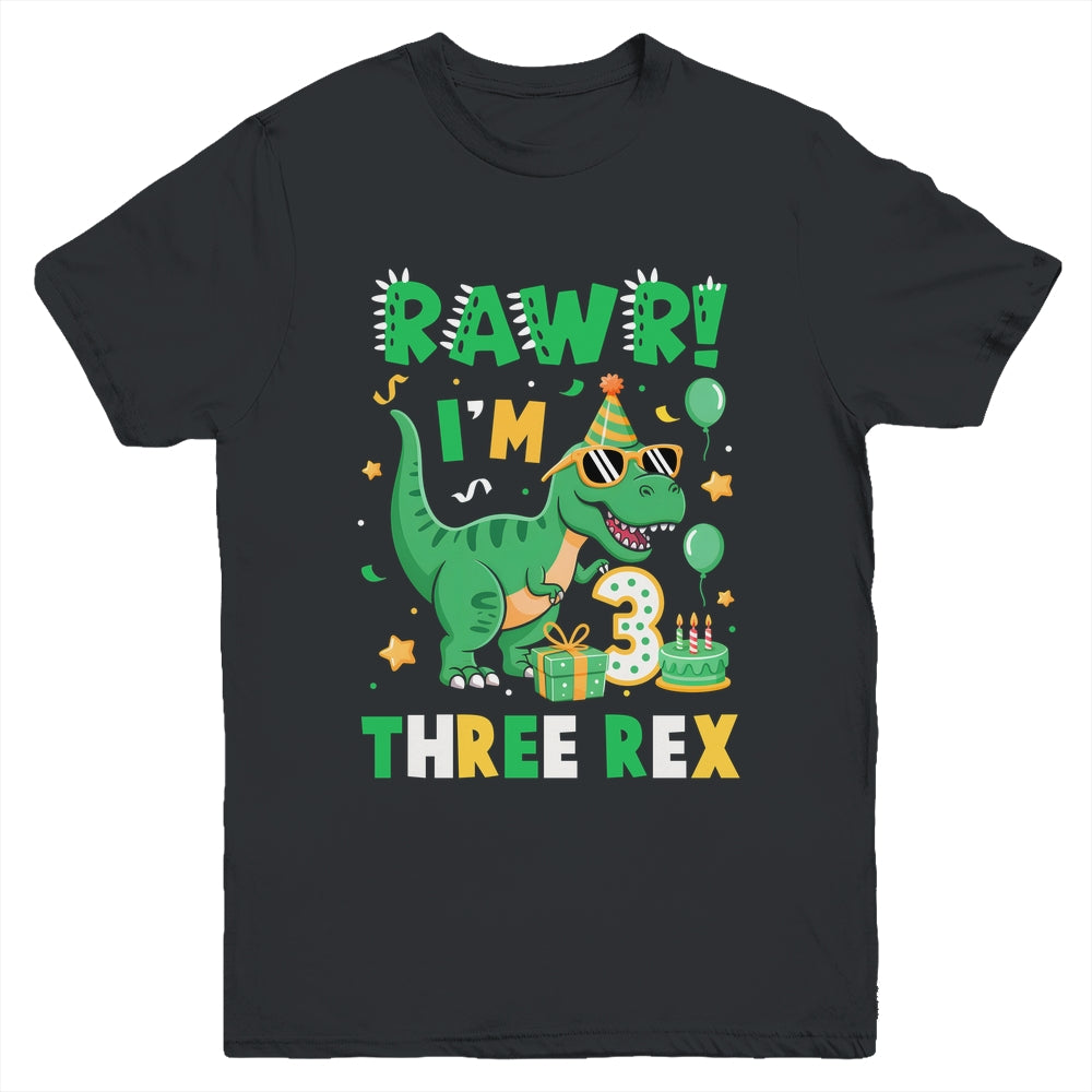 Three Rawr Birthday Boy Party T-Rex Dinosaur 3 Years Old Youth Shirt | teecentury