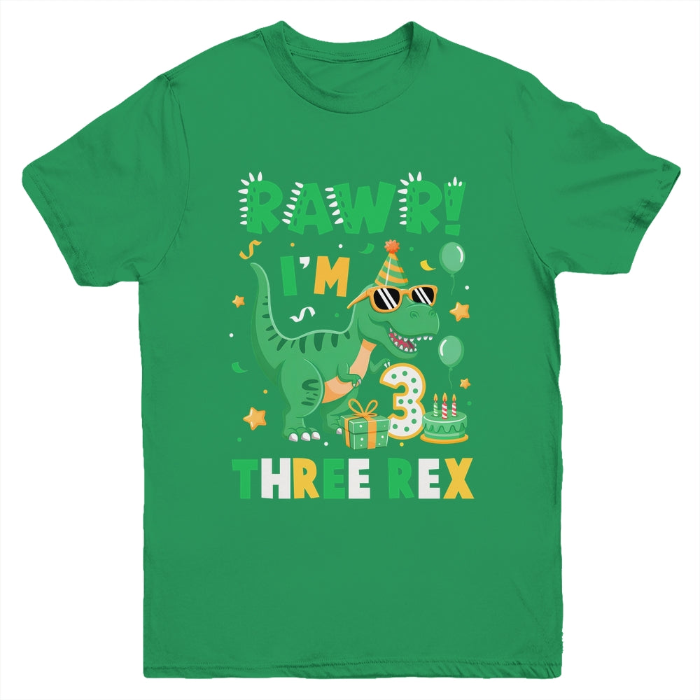 Three Rawr Birthday Boy Party T-Rex Dinosaur 3 Years Old Youth Shirt | teecentury