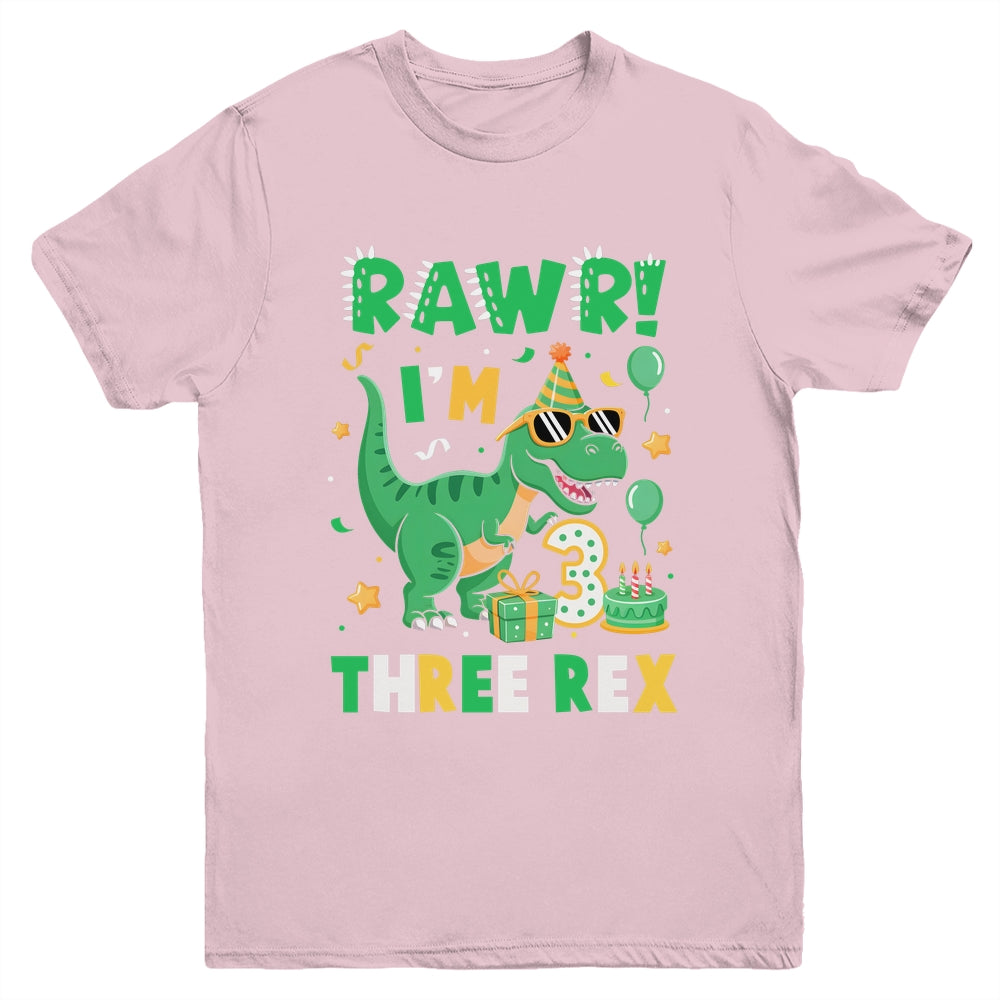 Three Rawr Birthday Boy Party T-Rex Dinosaur 3 Years Old Youth Shirt | teecentury