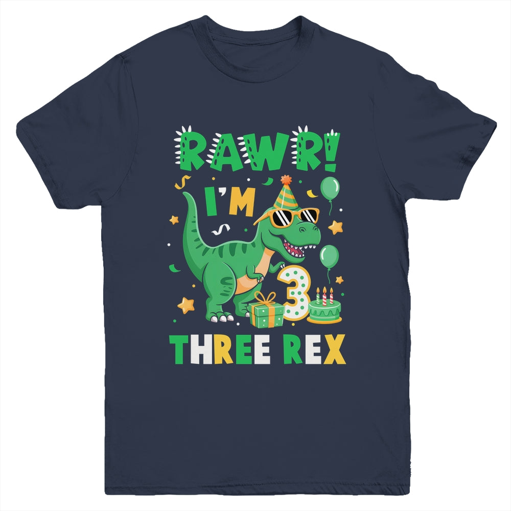 Three Rawr Birthday Boy Party T-Rex Dinosaur 3 Years Old Youth Shirt | teecentury
