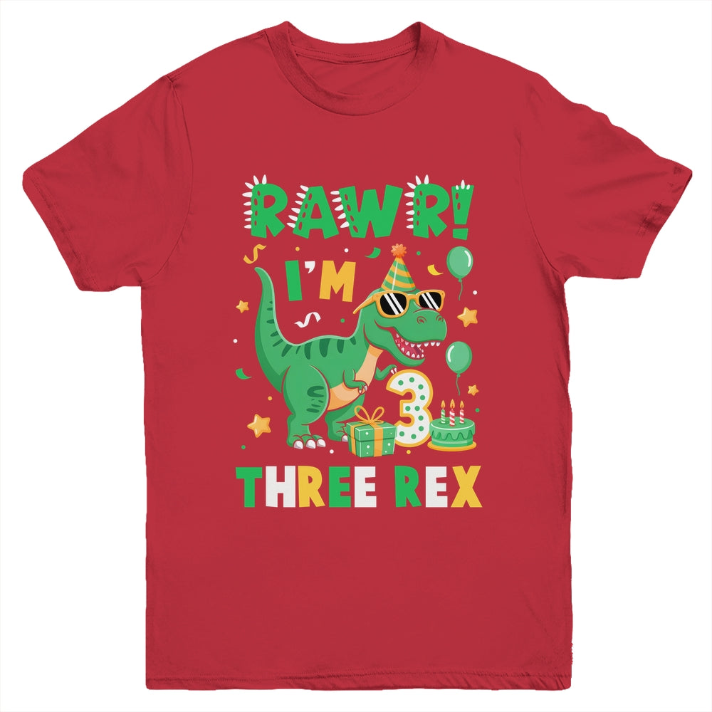 Three Rawr Birthday Boy Party T-Rex Dinosaur 3 Years Old Youth Shirt | teecentury