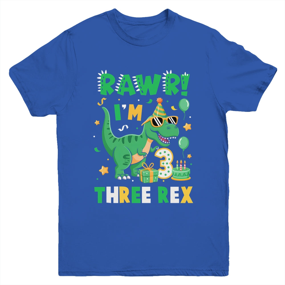 Three Rawr Birthday Boy Party T-Rex Dinosaur 3 Years Old Youth Shirt | teecentury