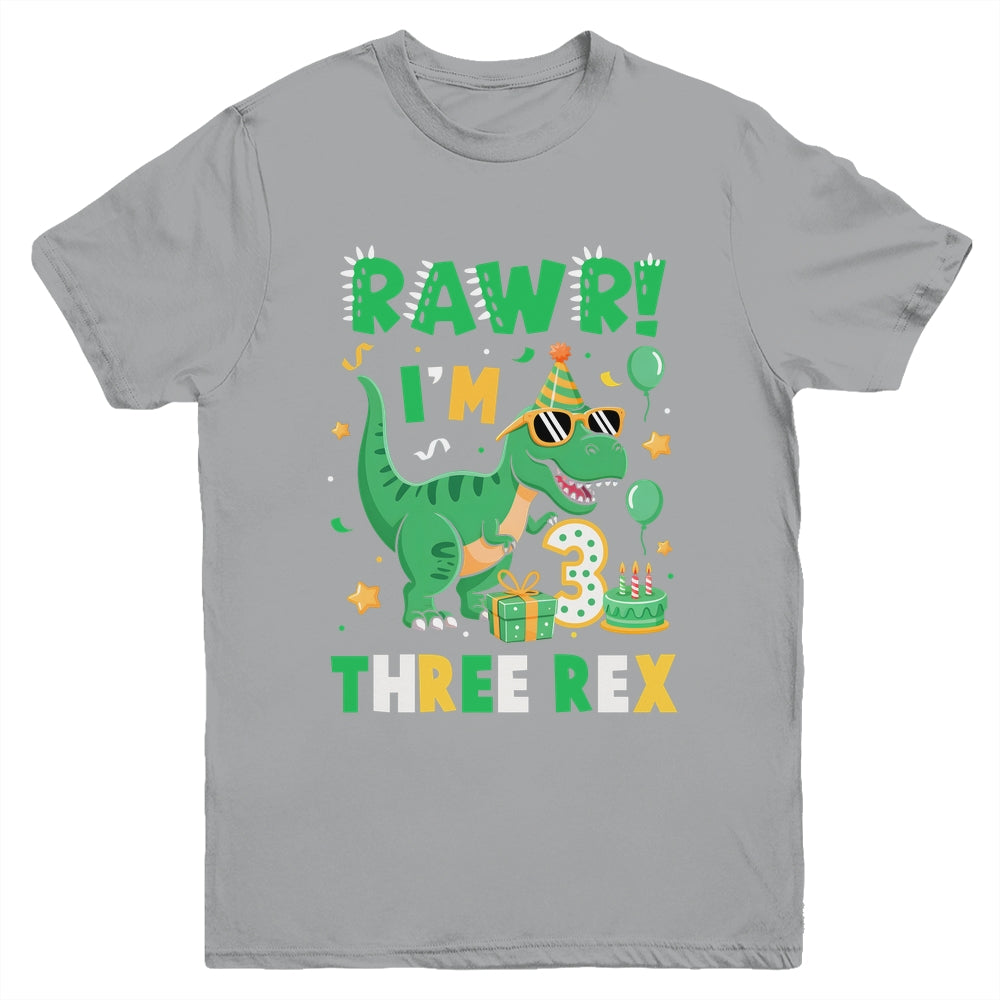 Three Rawr Birthday Boy Party T-Rex Dinosaur 3 Years Old Youth Shirt | teecentury
