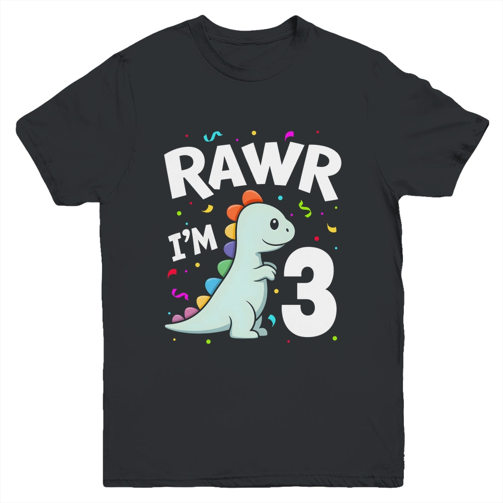 Three Rawr I'm 3 Years Old T Rex Dinosaur 3rd Birthday Boys Youth Shirt | teecentury