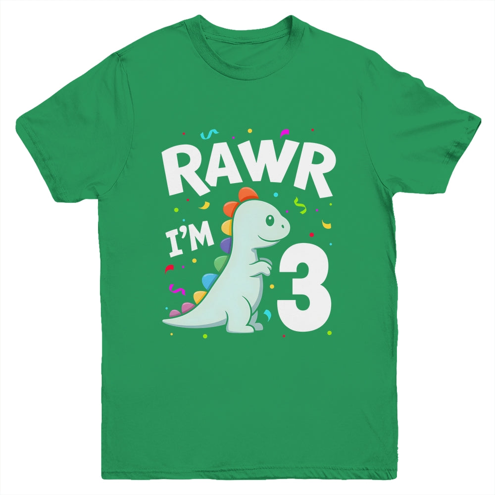 Three Rawr I'm 3 Years Old T Rex Dinosaur 3rd Birthday Boys Youth Shirt | teecentury