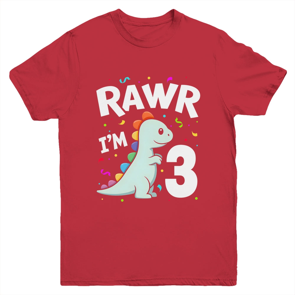 Three Rawr I'm 3 Years Old T Rex Dinosaur 3rd Birthday Boys Youth Shirt | teecentury