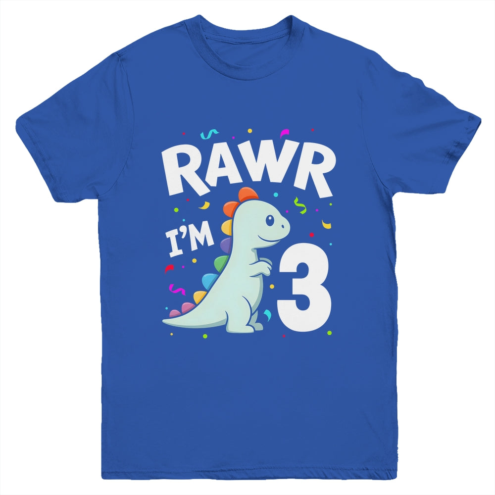 Three Rawr I'm 3 Years Old T Rex Dinosaur 3rd Birthday Boys Youth Shirt | teecentury