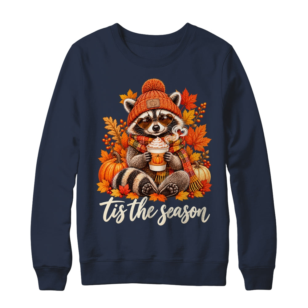 Tis The Season Raccoon Pumpkin Coffee Fall Graphic Women Shirt & Sweatshirt | teecentury