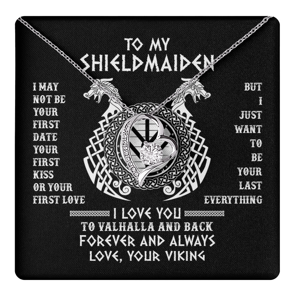 Forever Love Necklace 14K White Gold Finish | 1 | To My Shieldmaiden Necklace I Love You to Valhalla and Back Viking Jewelry Birthday Wife Girlfriend Anniversary Message Card | teecentury