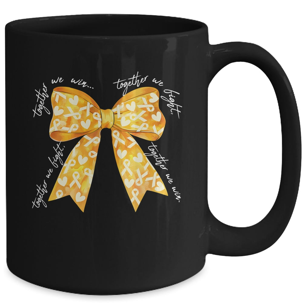 Together We Fight Coquette Bows Gold Ribbon Childhood Cancer Mug | teecentury