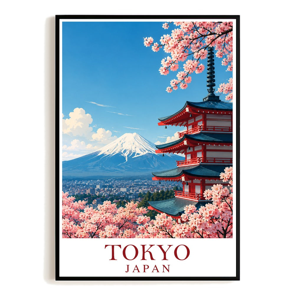 Tokyo Japan Vintage Travel Poster Mount Fuji Cherry Blossom Pagoda Retro Wall Art Landscape Print Painting Ideal For Home Living Room Office Bedroom Decor Unframed | teecentury
