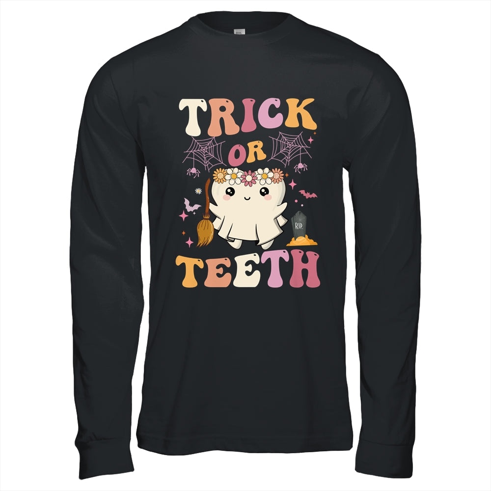 Trick Or Teeth Ghost Groovy Dental Halloween Treat Dentist Shirt & Hoodie | teecentury