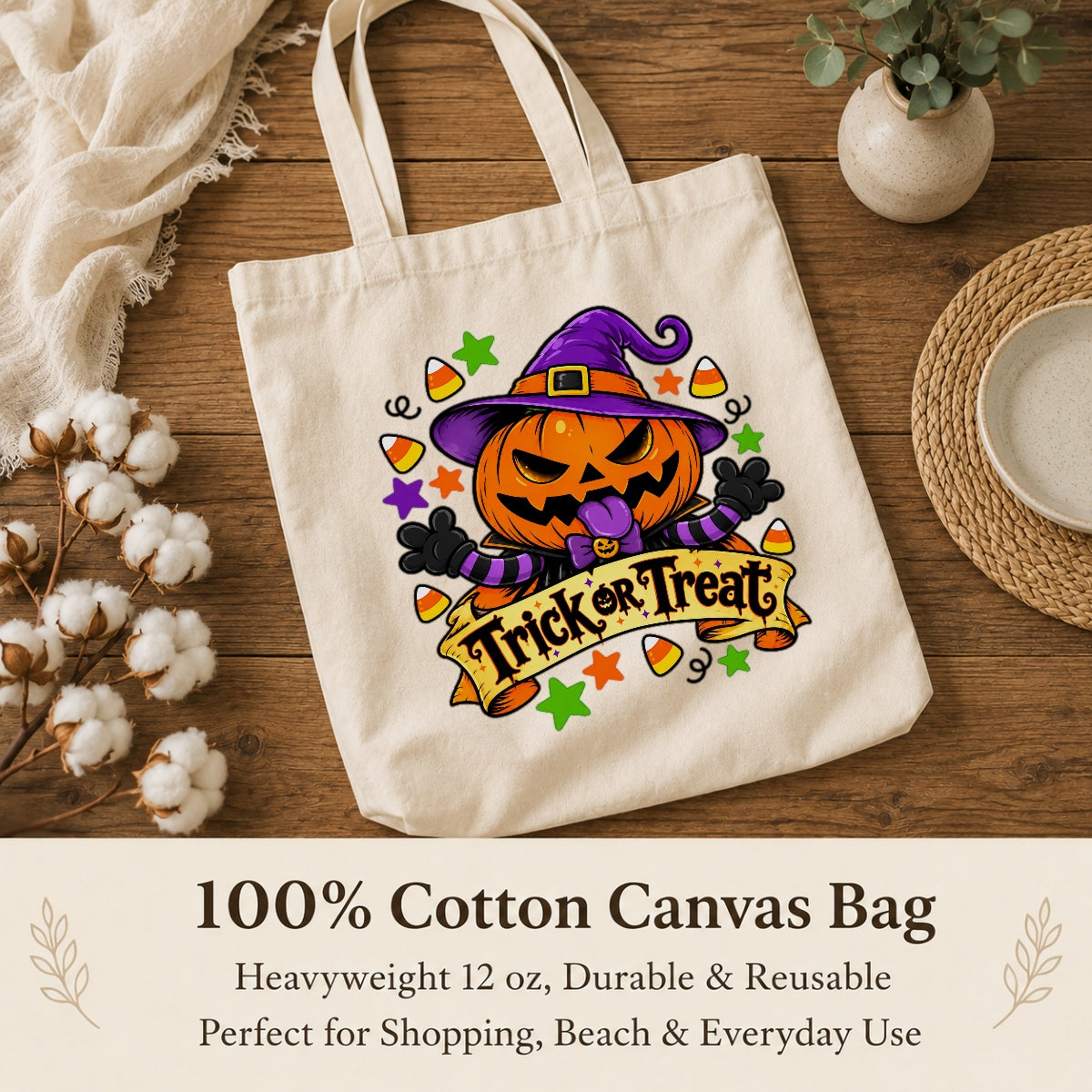 Trick Or Treat Cute Pumpkin Canvas Tote Bag Halloween Candy Corn Stars Funny Pumpkin Aesthetic Women Reusable Grocery Beach Spooky Season Gift Tote Bags | teecentury