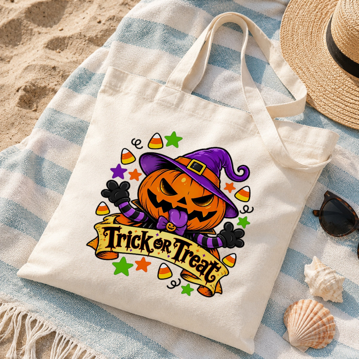 Trick Or Treat Cute Pumpkin Canvas Tote Bag Halloween Candy Corn Stars Funny Pumpkin Aesthetic Women Reusable Grocery Beach Spooky Season Gift Tote Bags | teecentury