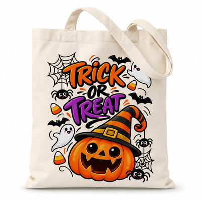 Trick Or Treat Cute Pumpkin Witch Hat Canvas Tote Bag Halloween Party Candy Corn Bats Ghosts Reusable Shopping Bag Women Fall Spooky Season Gift Grocery Bag | teecentury