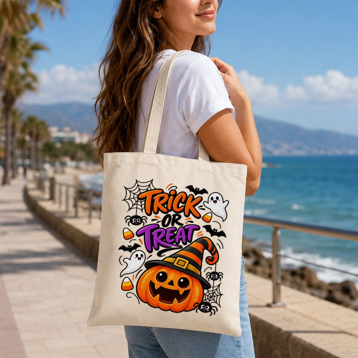 Trick Or Treat Cute Pumpkin Witch Hat Canvas Tote Bag Halloween Party Candy Corn Bats Ghosts Reusable Shopping Bag Women Fall Spooky Season Gift Grocery Bag | teecentury