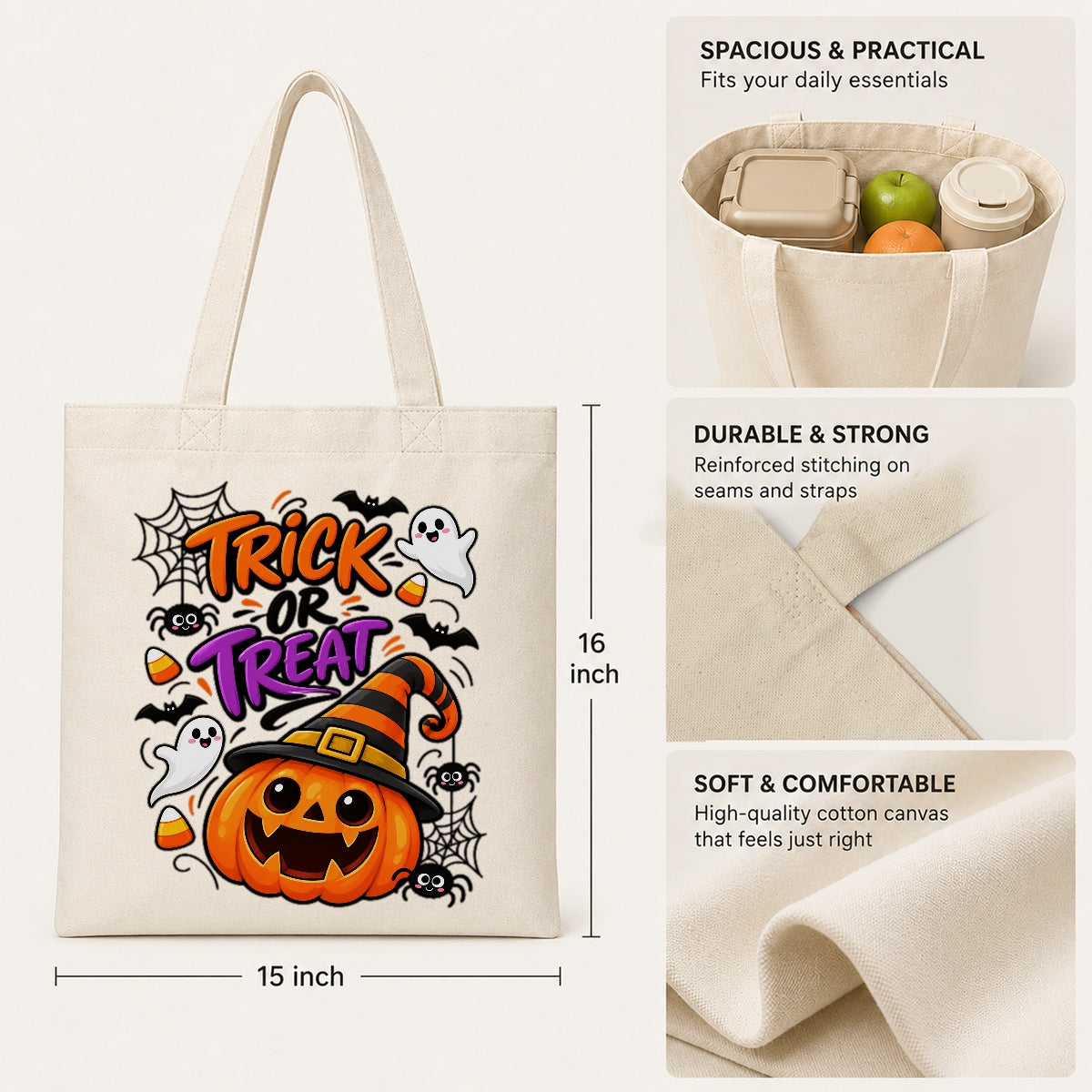 Trick Or Treat Cute Pumpkin Witch Hat Canvas Tote Bag Halloween Party Candy Corn Bats Ghosts Reusable Shopping Bag Women Fall Spooky Season Gift Grocery Bag | teecentury