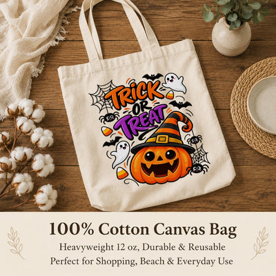 Trick Or Treat Cute Pumpkin Witch Hat Canvas Tote Bag Halloween Party Candy Corn Bats Ghosts Reusable Shopping Bag Women Fall Spooky Season Gift Grocery Bag | teecentury