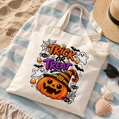 Trick Or Treat Cute Pumpkin Witch Hat Canvas Tote Bag Halloween Party Candy Corn Bats Ghosts Reusable Shopping Bag Women Fall Spooky Season Gift Grocery Bag | teecentury