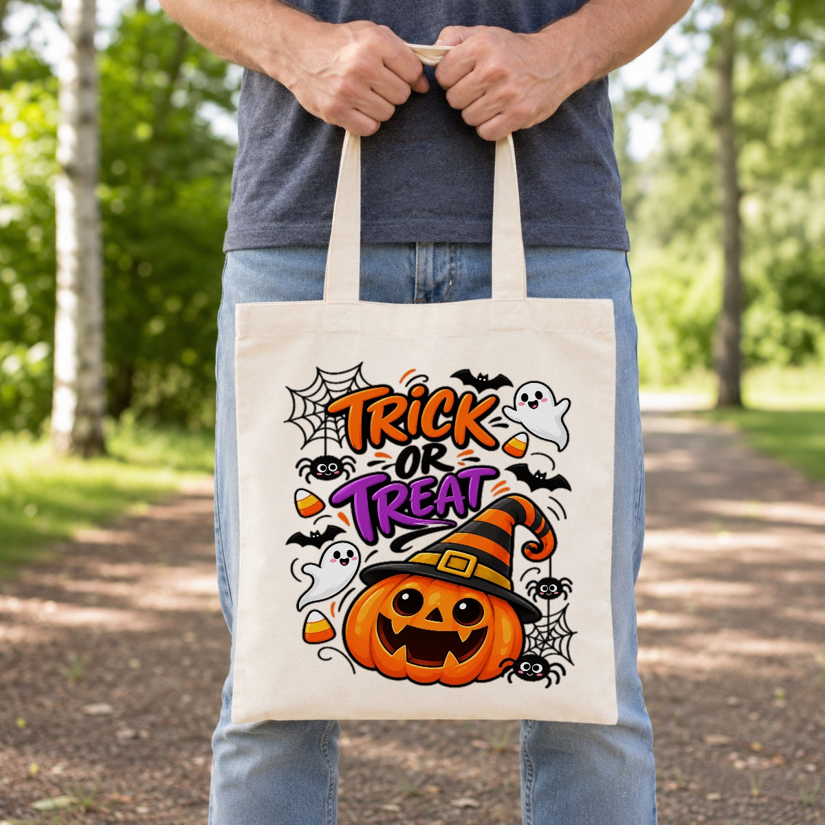 Trick Or Treat Cute Pumpkin Witch Hat Canvas Tote Bag Halloween Party Candy Corn Bats Ghosts Reusable Shopping Bag Women Fall Spooky Season Gift Grocery Bag | teecentury