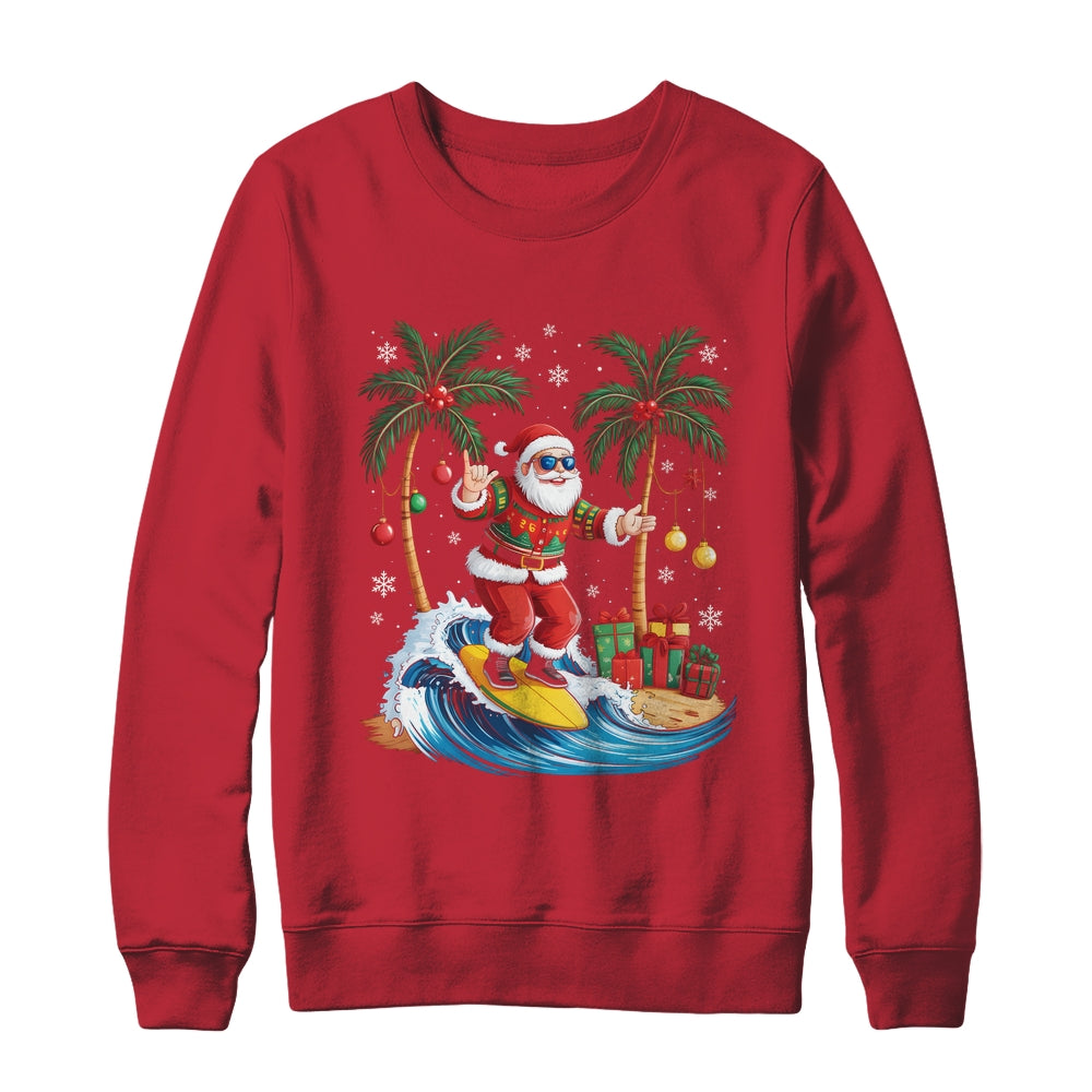 Tropical Christmas Palm Tree Surfing Hawaiian Santa Hawaii Shirt & Sweatshirt | teecentury